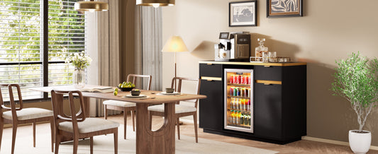 Buffet Sideboard with Faux Marble Top, Fluted Cabinet, Mini Fridge Nook