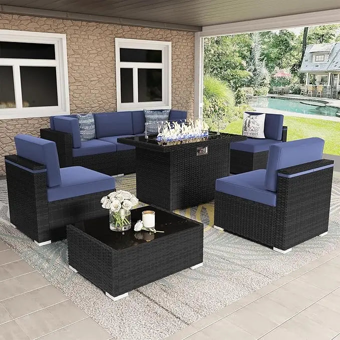 8 Pc Patio Furniture Set with Propane Gas Fire Pit Table