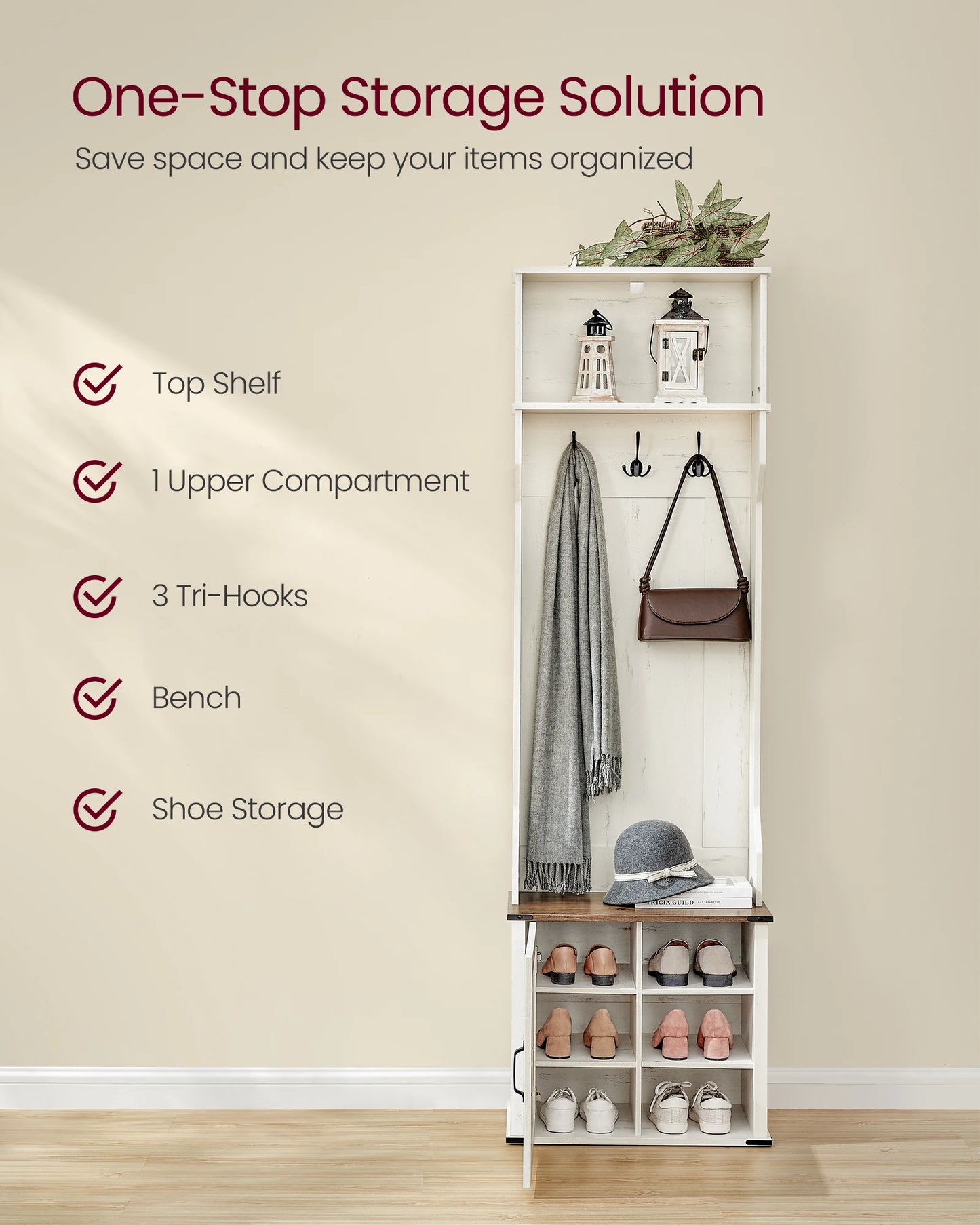 Hall Tree with Bench/Shoe/Coat Rack Entryway 3 Tri-Hooks, Door with Handle