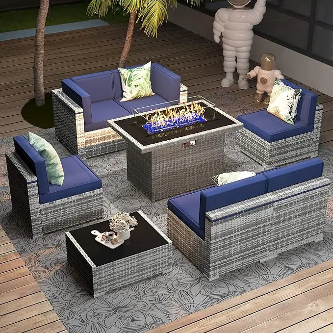 8 Pc Patio Furniture Set with Propane Gas Fire Pit Table