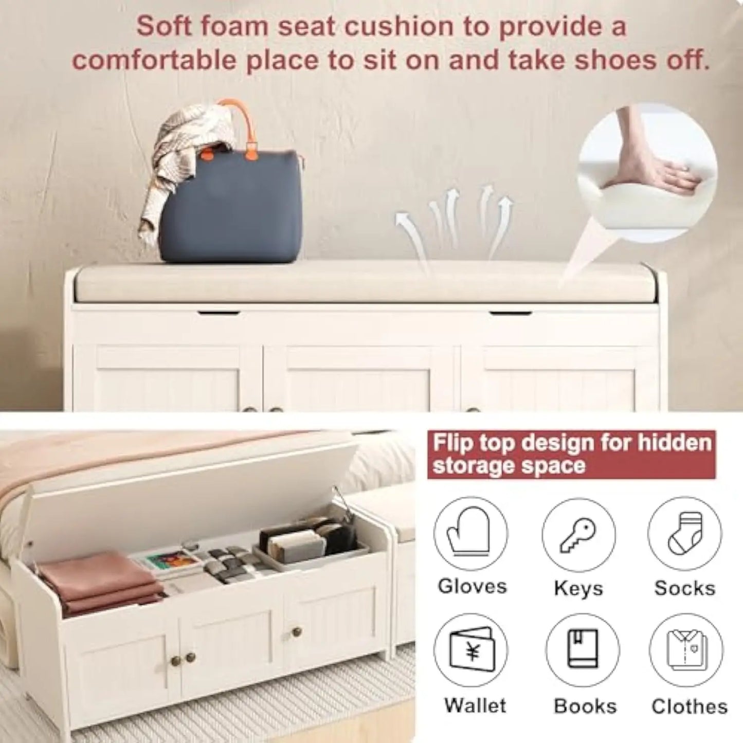 Shoe Bench with Lift Top Storage w/ Cushioned Seat