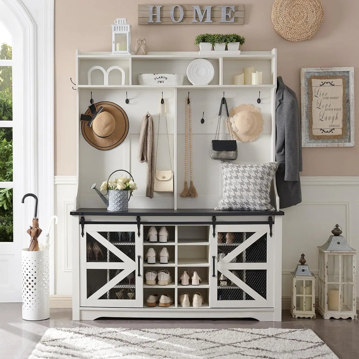 Farmhouse Entryway Bench with Coat Rack