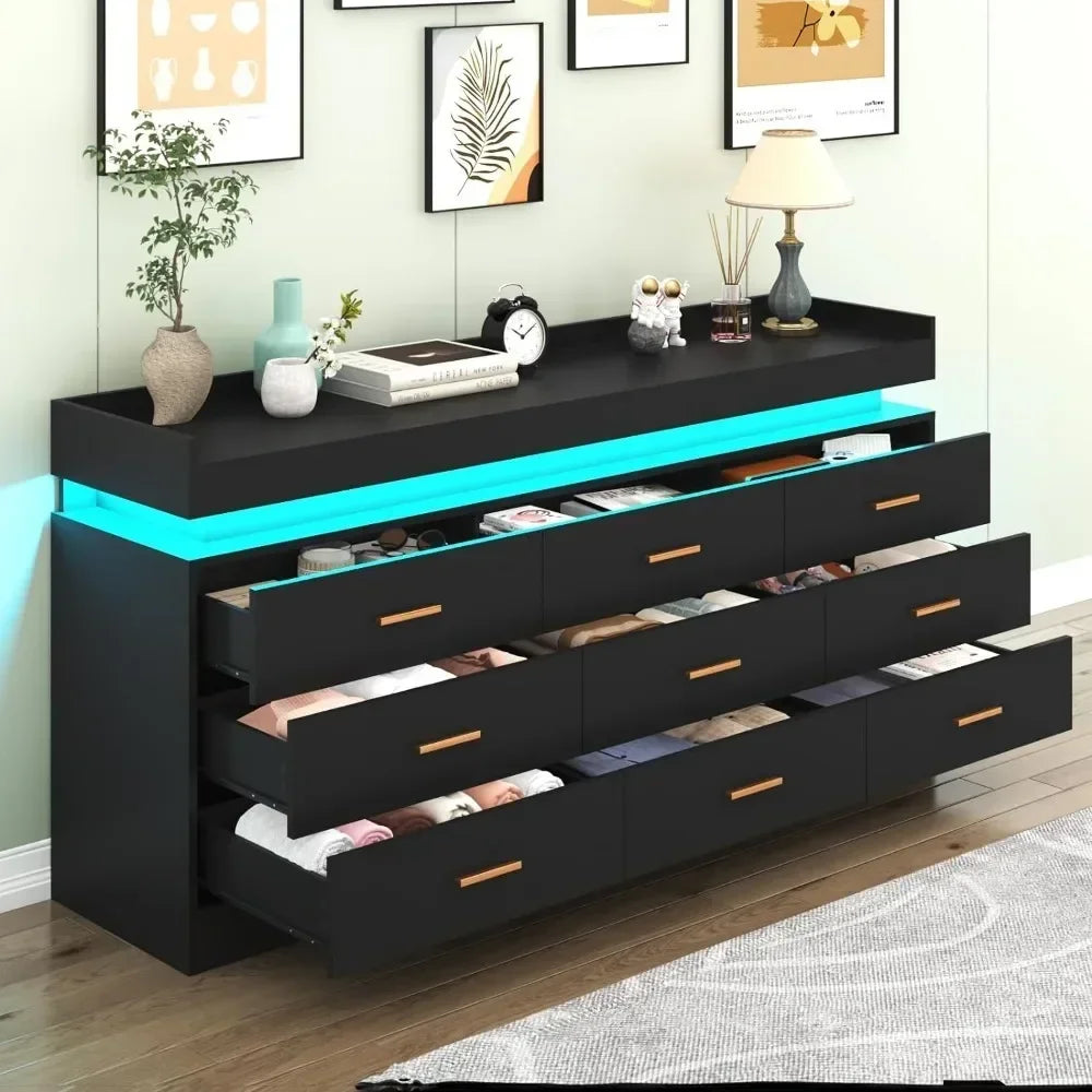 Modern Dresser 9 Drawer with LED Light,