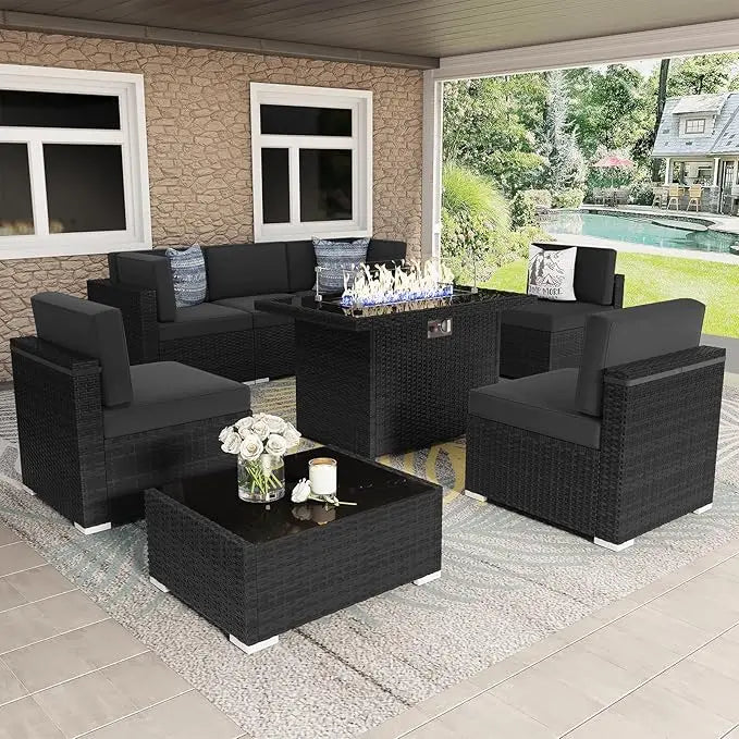 8 Pc Patio Furniture Set with Propane Gas Fire Pit Table