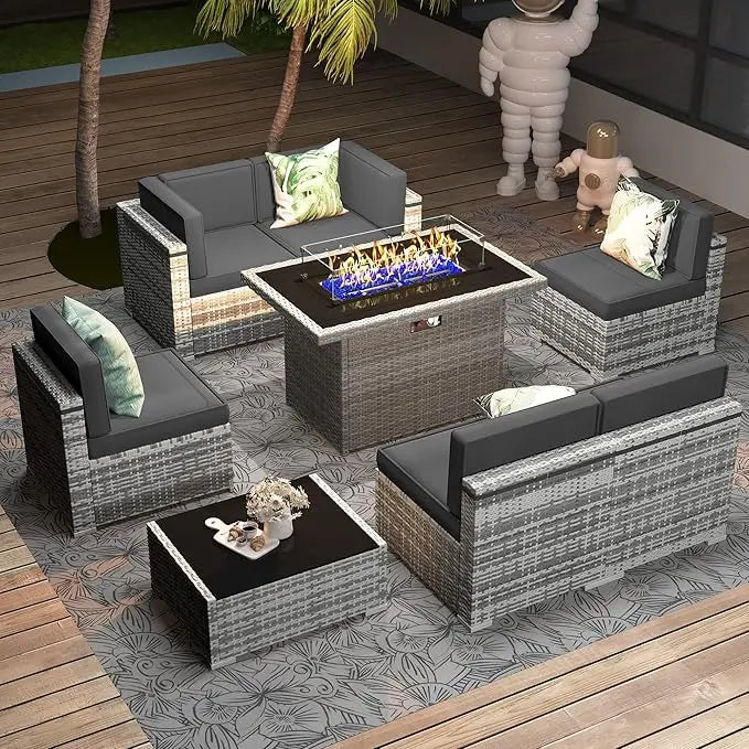 8 Pc Patio Furniture Set with Propane Gas Fire Pit Table