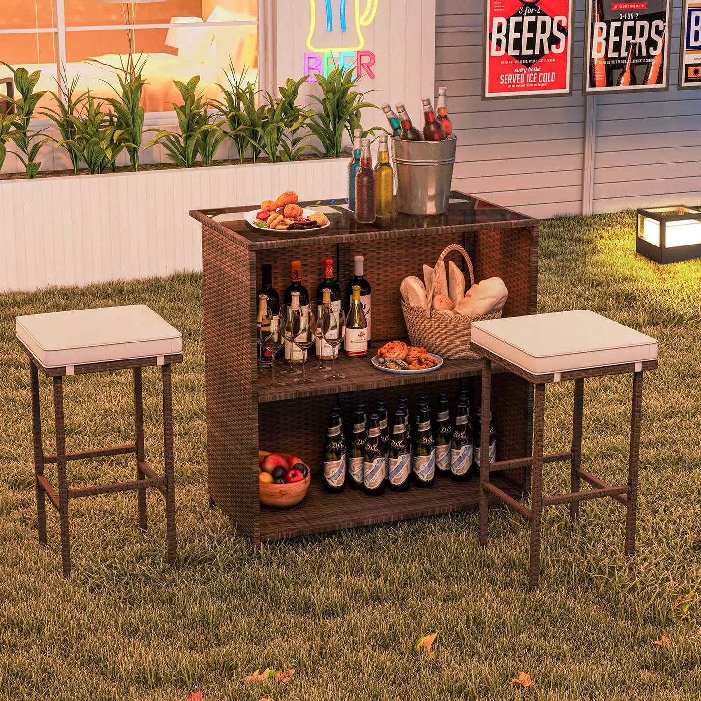3 PCS Patio Bar Set w/ Tempered Glass Tabletop