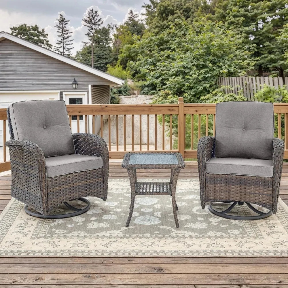 3 Pc Outdoor Swivel Glider Rocker Chairs with Tempered Glass Side Table