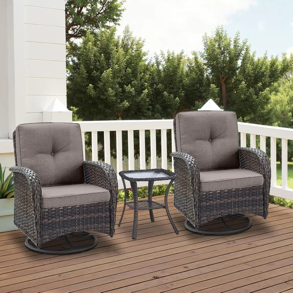 3 Pc Outdoor Swivel Glider Rocker Chairs with Tempered Glass Side Table