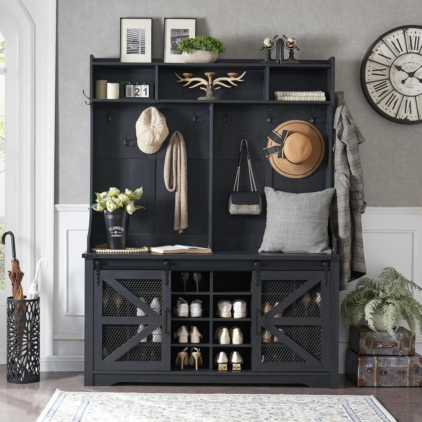 Farmhouse Entryway Bench with Coat Rack
