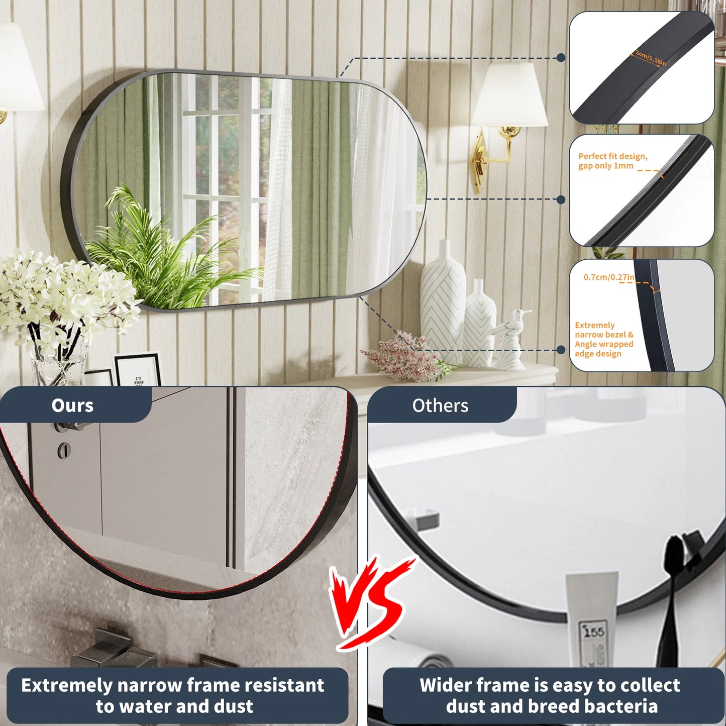 20x40" Metal Frame Black Oval Mirror