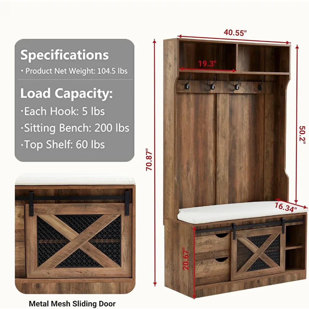 71" Entryway Hall Tree with Coat Rack and Storage Bench