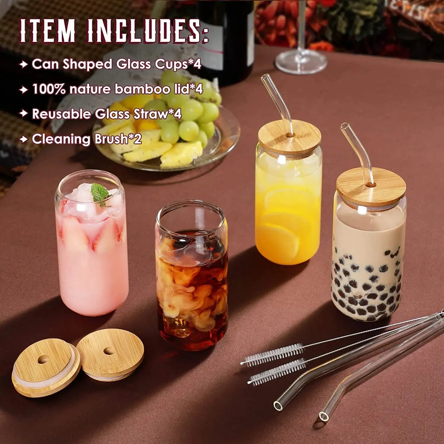 4 Bamboo Lid Glass Drinking Glasses with Glass Straw