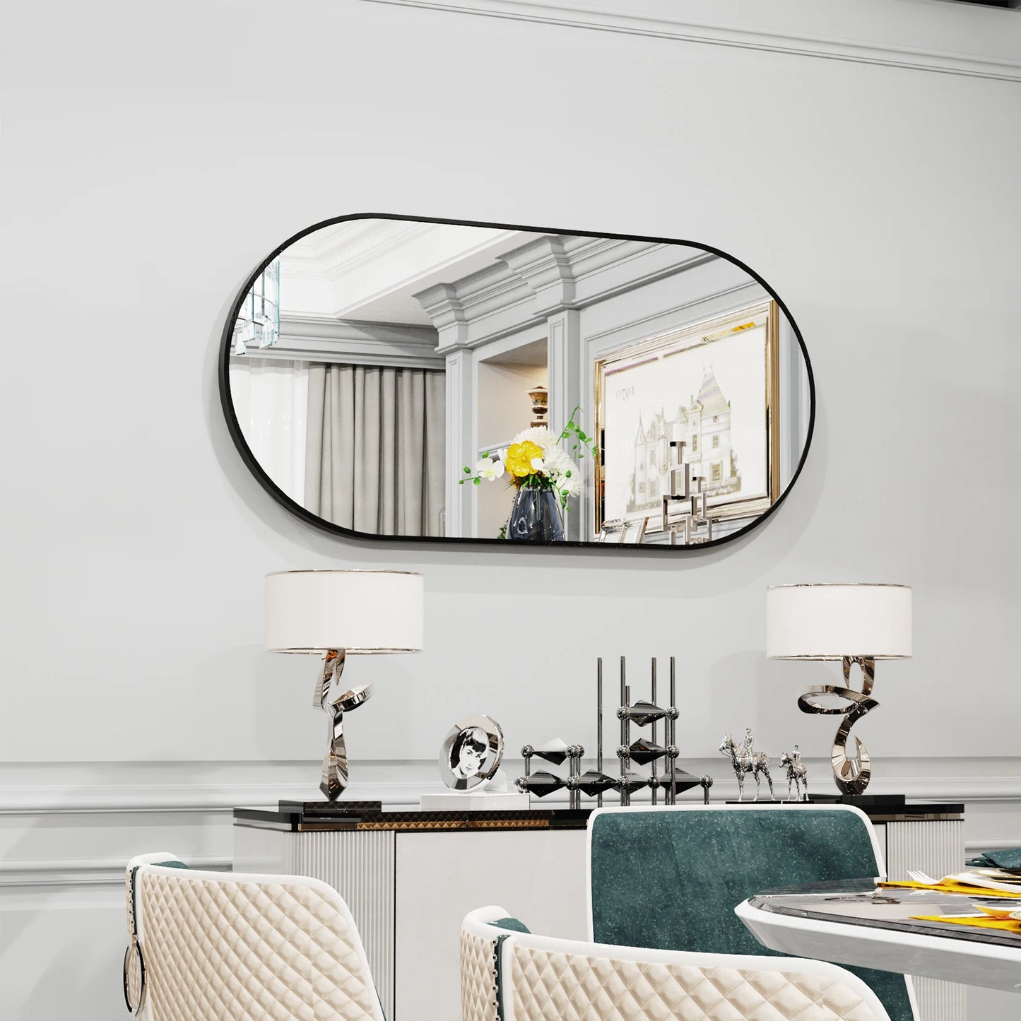 20x40" Metal Frame Black Oval Mirror