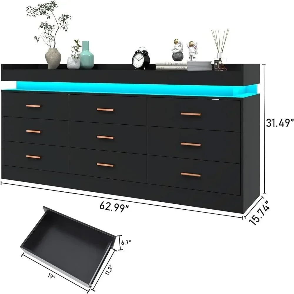 Modern Dresser 9 Drawer with LED Light,