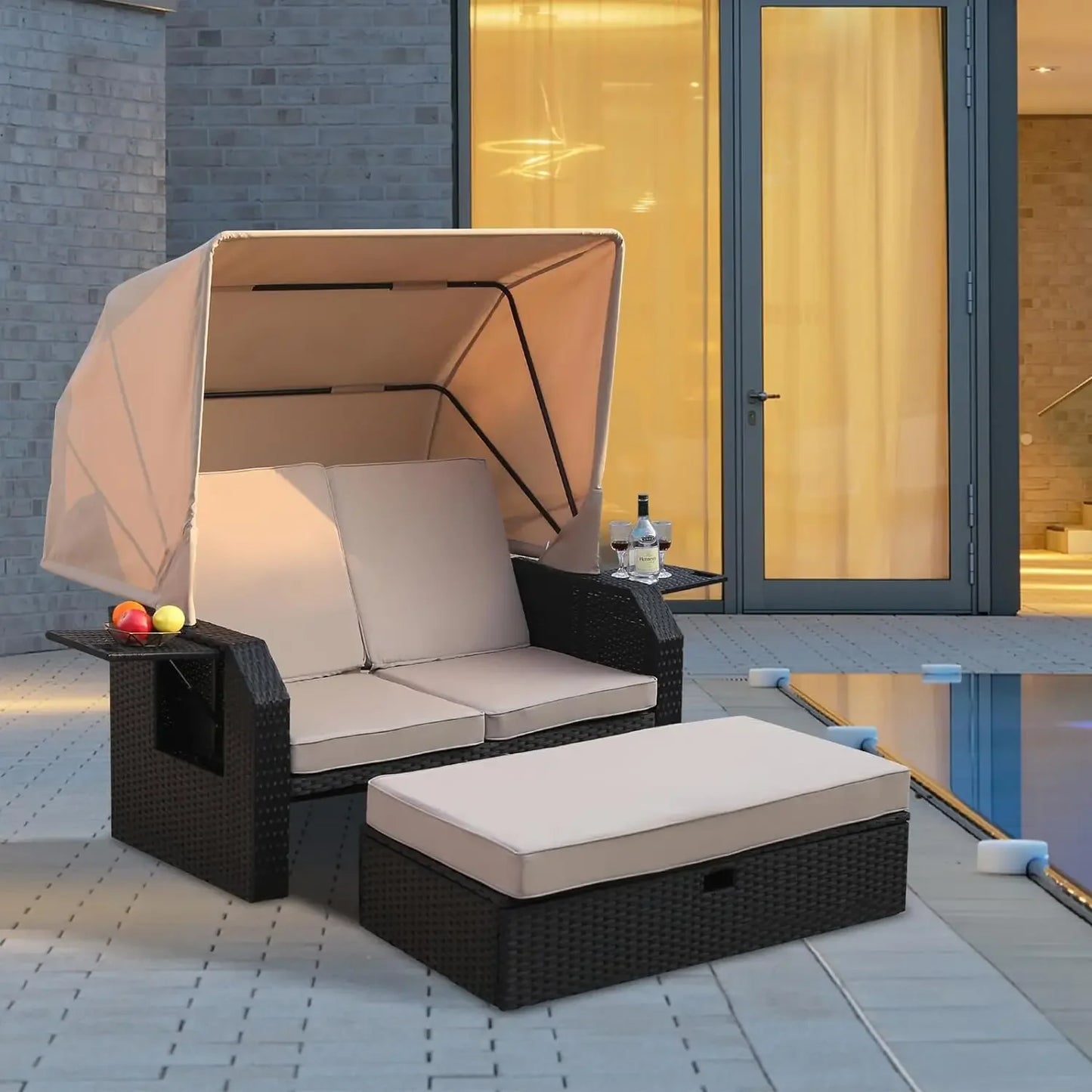 Outdoor Wicker Loveseat Set with Retractable Canopy