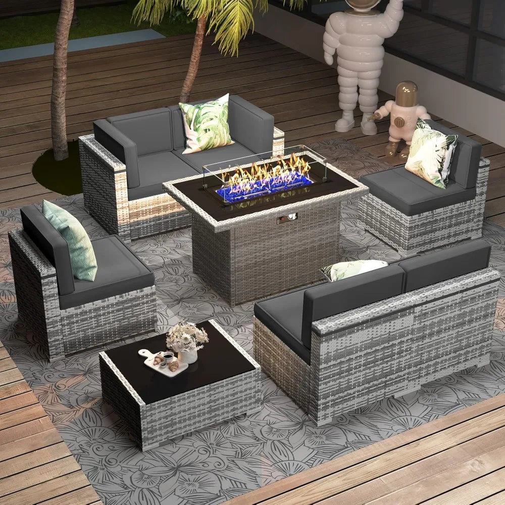 8 Pc Patio Furniture Set with Propane Gas Fire Pit Table
