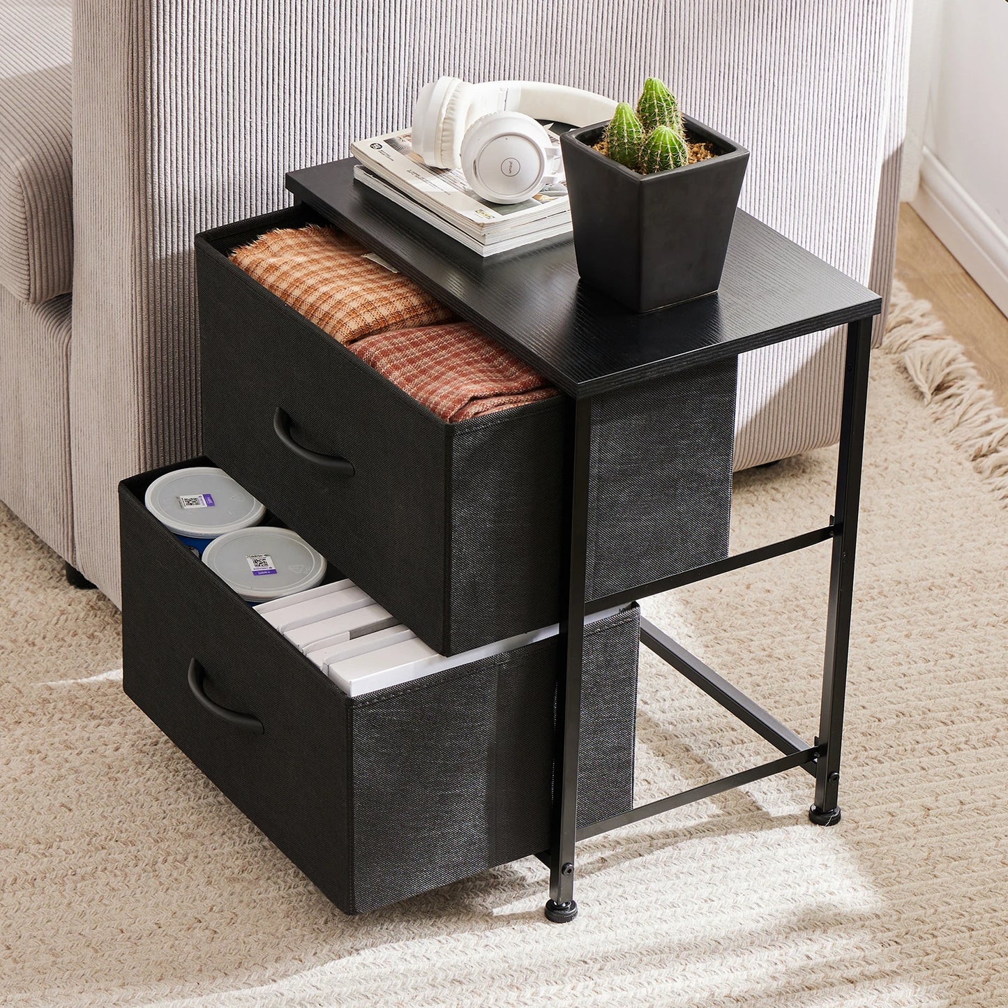 Nightstand/Bedside Coffee Table For Bedroom 2 Fabric Drawers