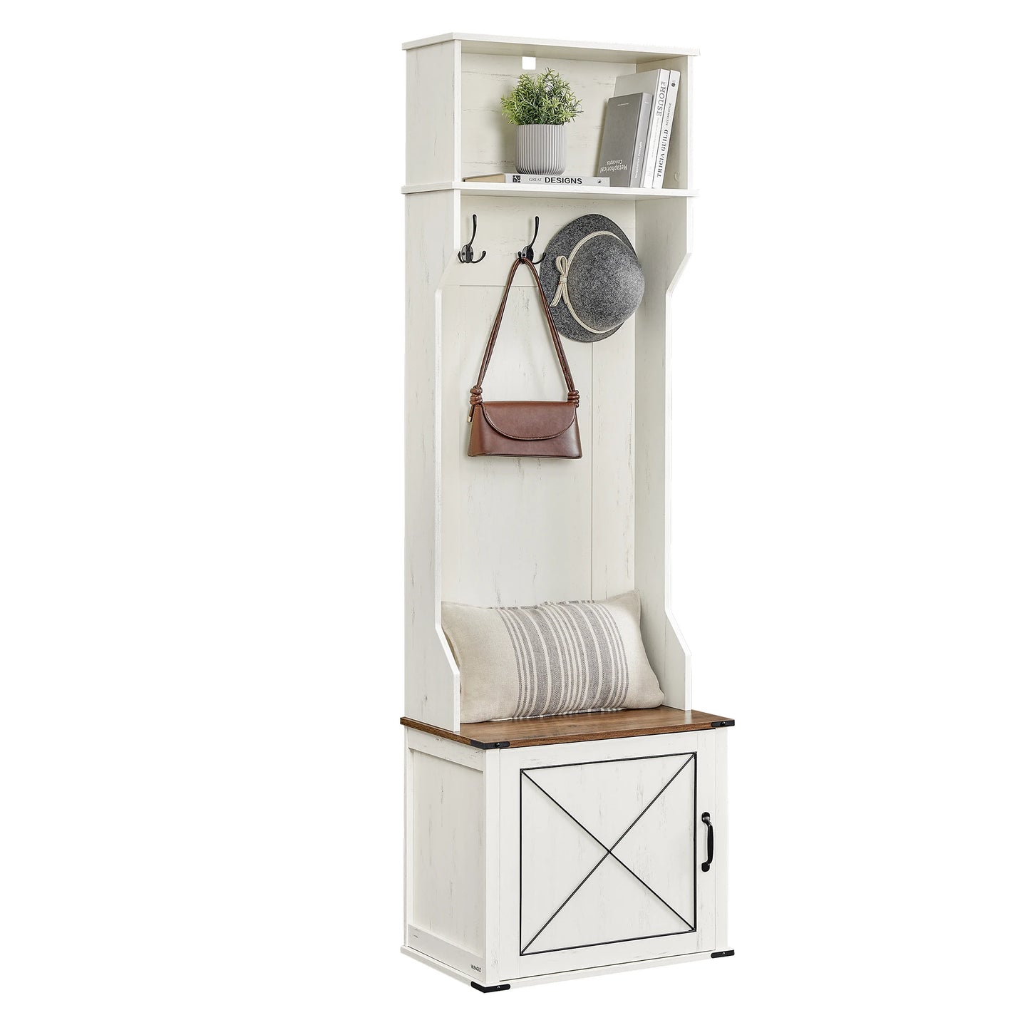 Hall Tree with Bench/Shoe/Coat Rack Entryway 3 Tri-Hooks, Door with Handle