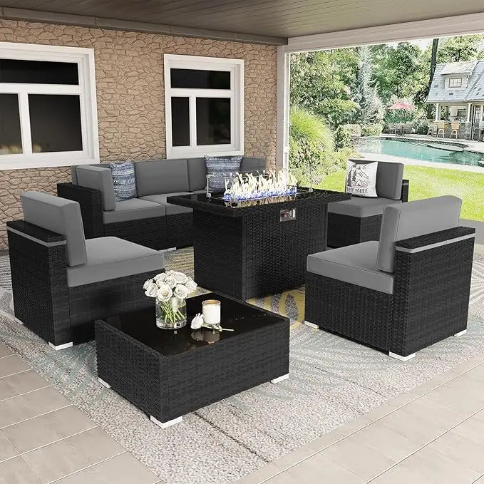 8 Pc Patio Furniture Set with Propane Gas Fire Pit Table