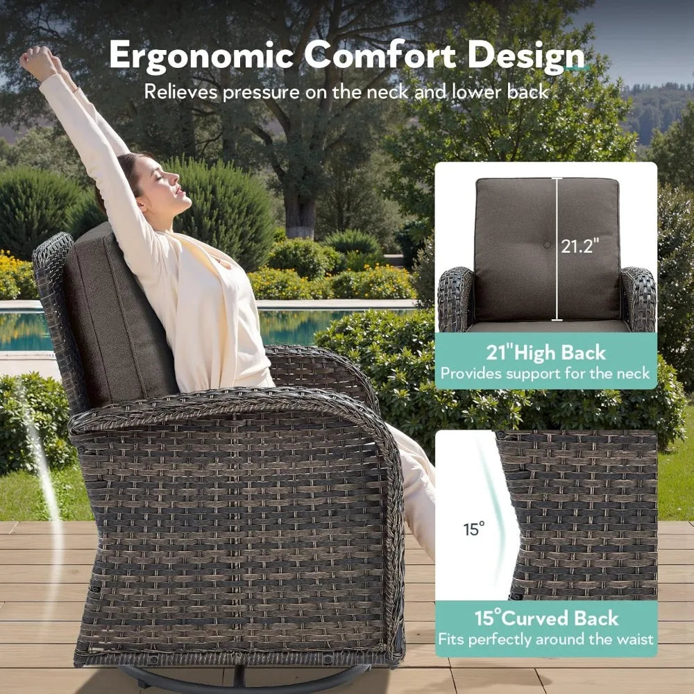 3 Pc Outdoor Swivel Glider Rocker Chairs with Tempered Glass Side Table