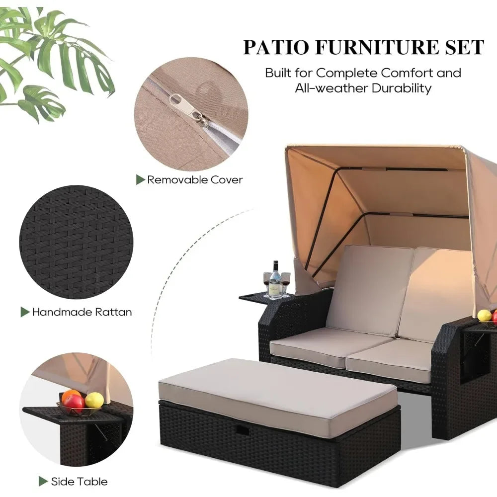Outdoor Wicker Loveseat Set with Retractable Canopy