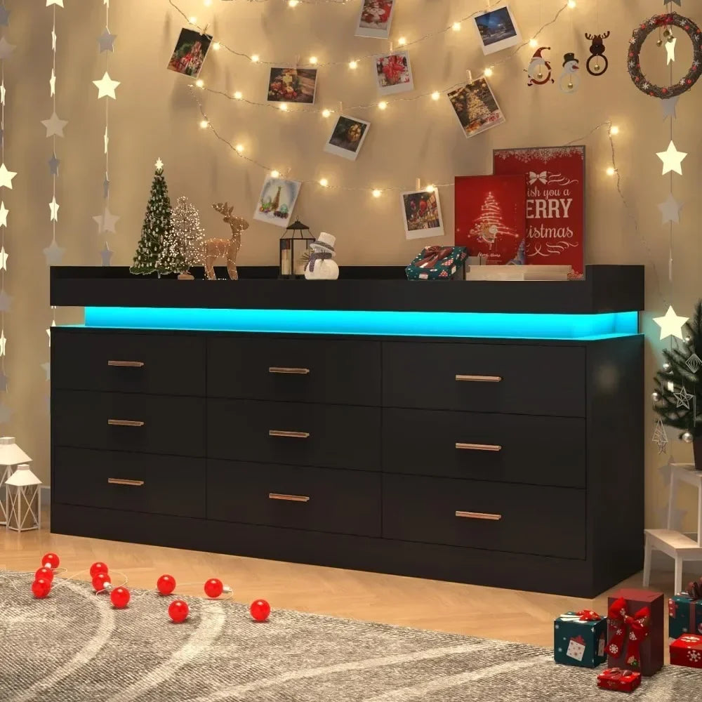 Modern Dresser 9 Drawer with LED Light,