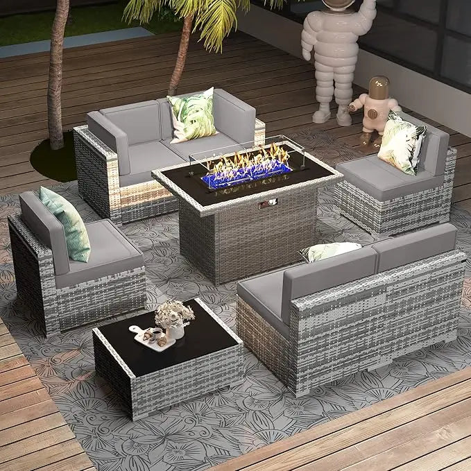 8 Pc Patio Furniture Set with Propane Gas Fire Pit Table