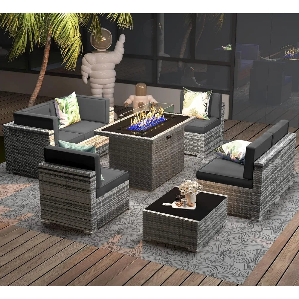 8 Pc Patio Furniture Set with Propane Gas Fire Pit Table