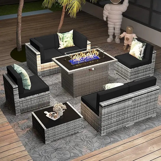 8 Pc Patio Furniture Set with Propane Gas Fire Pit Table