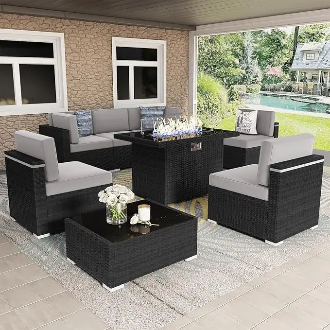 8 Pc Patio Furniture Set with Propane Gas Fire Pit Table