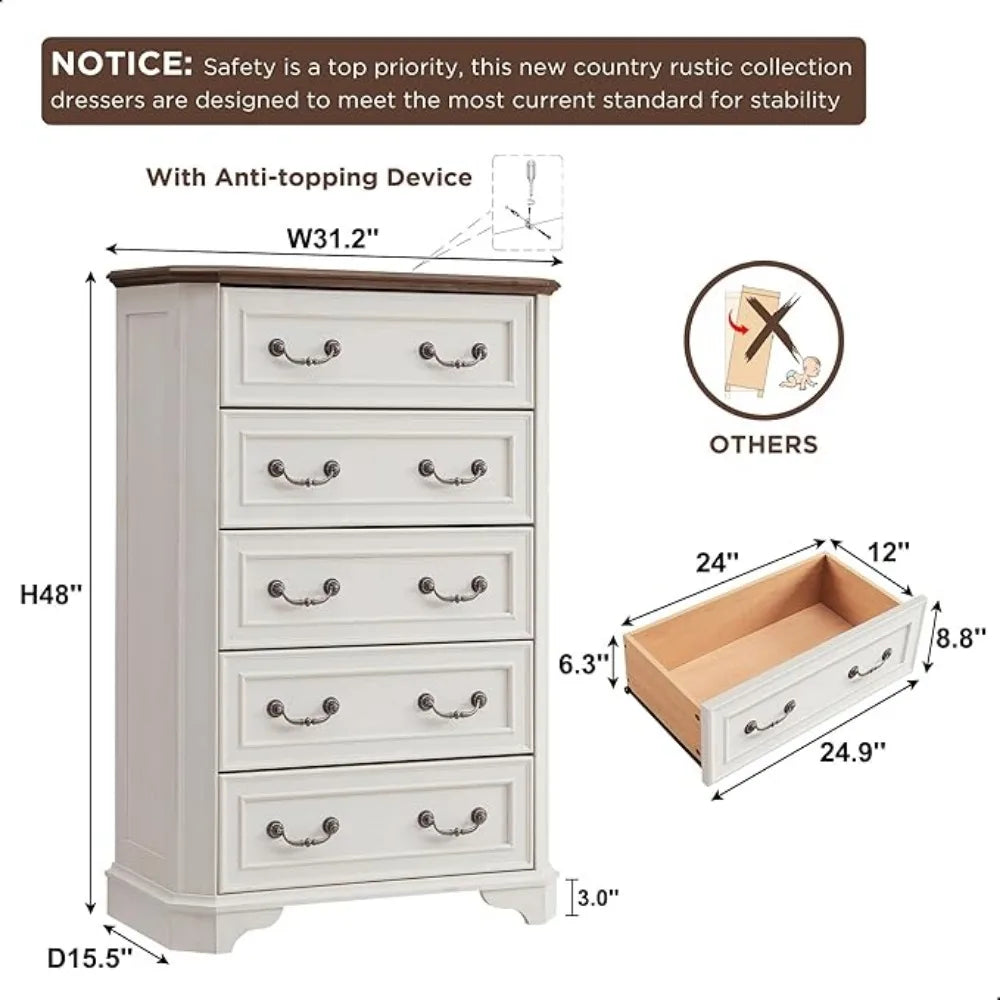 48" Tall Wood Farmhouse Rustic Chest of Drawers