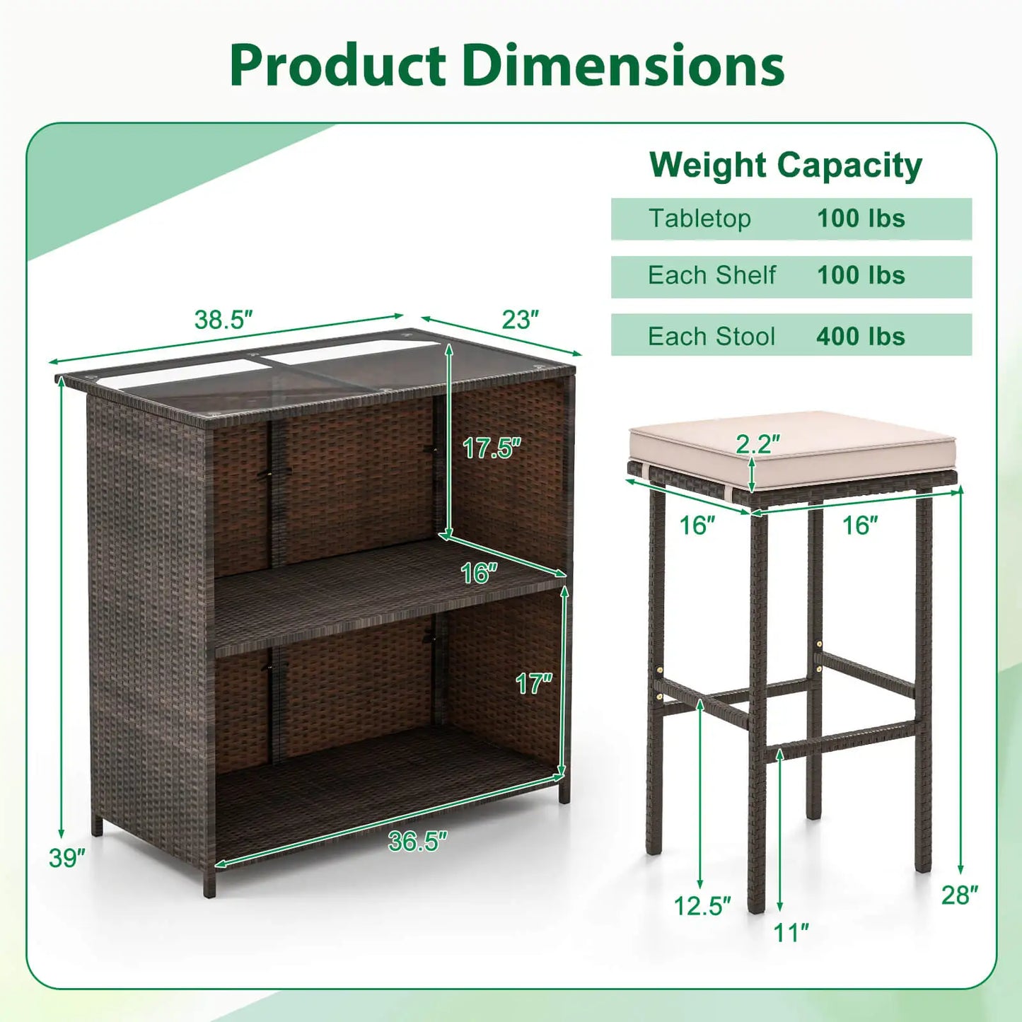 3 PCS Patio Bar Set w/ Tempered Glass Tabletop