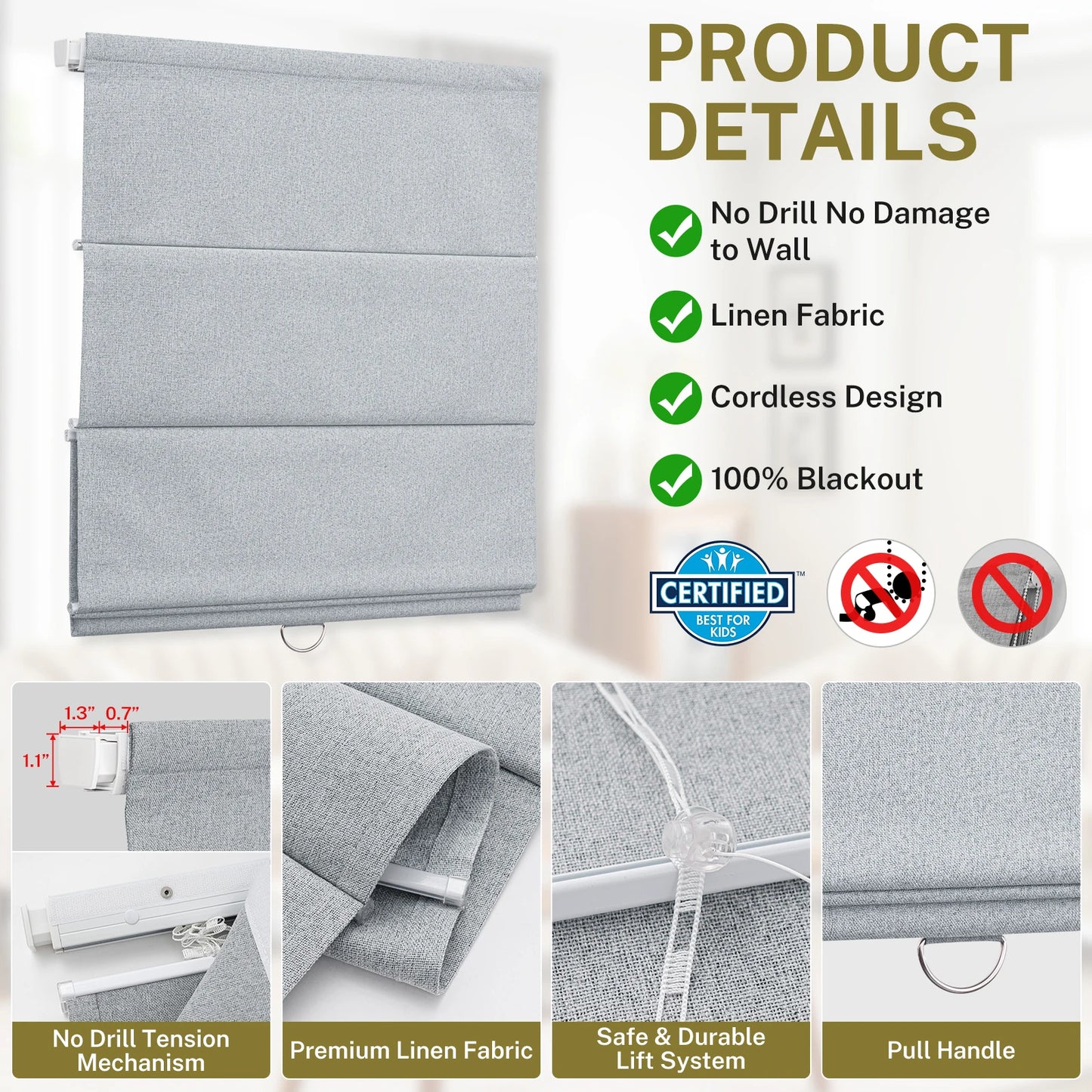 No Drill Linen Roman Shades