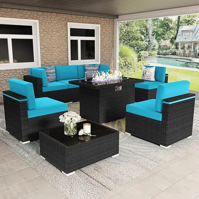 8 Pc Patio Furniture Set with Propane Gas Fire Pit Table