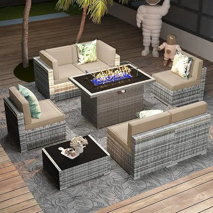 8 Pc Patio Furniture Set with Propane Gas Fire Pit Table