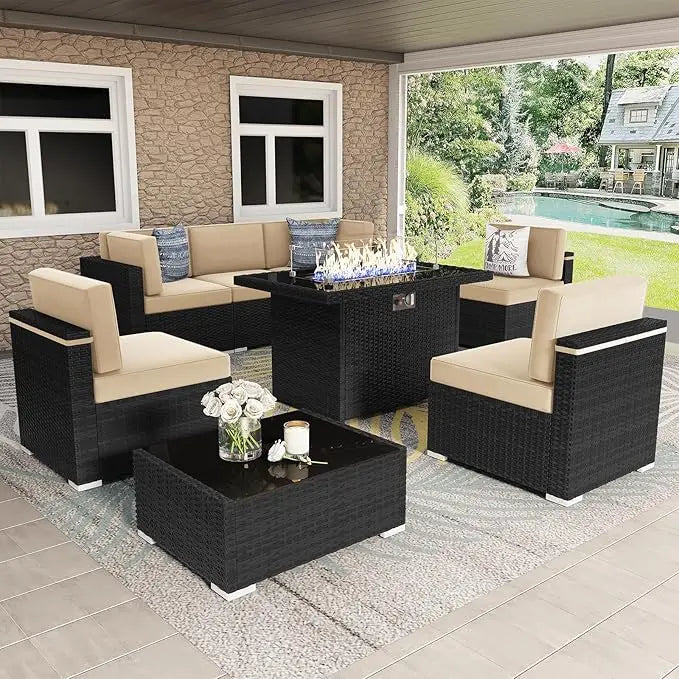 8 Pc Patio Furniture Set with Propane Gas Fire Pit Table
