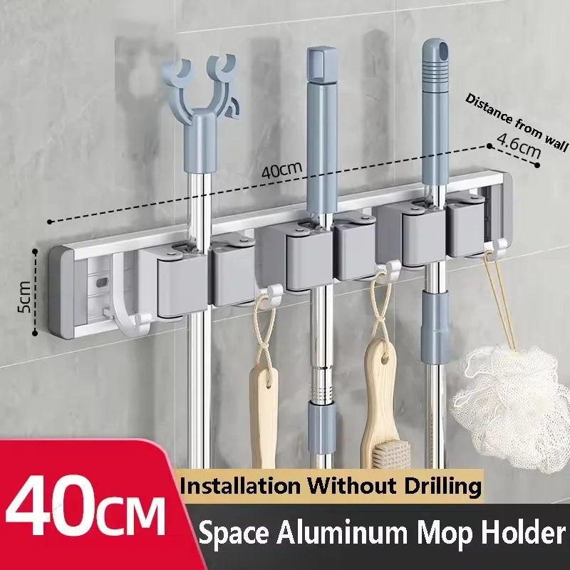 Wall Mounted Mop & Broom Organizer Rack with 5 Hooks