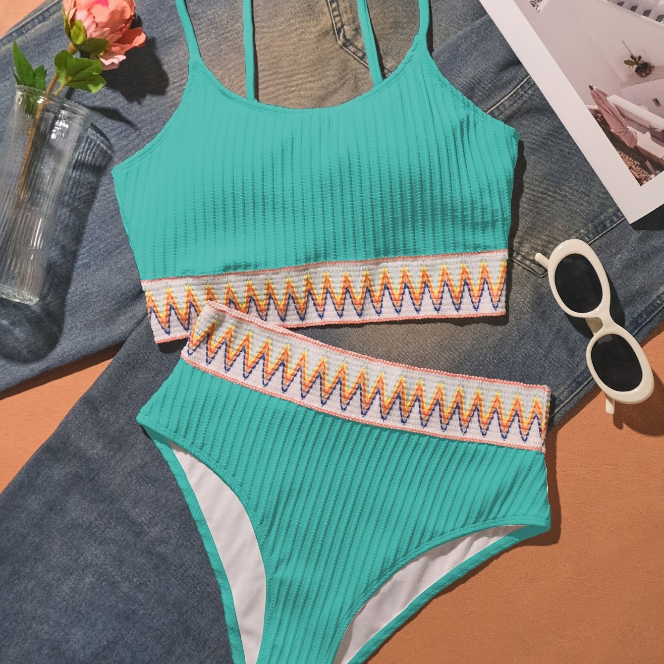 Bikini Scoop Neck High Waist 2 Piece Swimsuit for Women