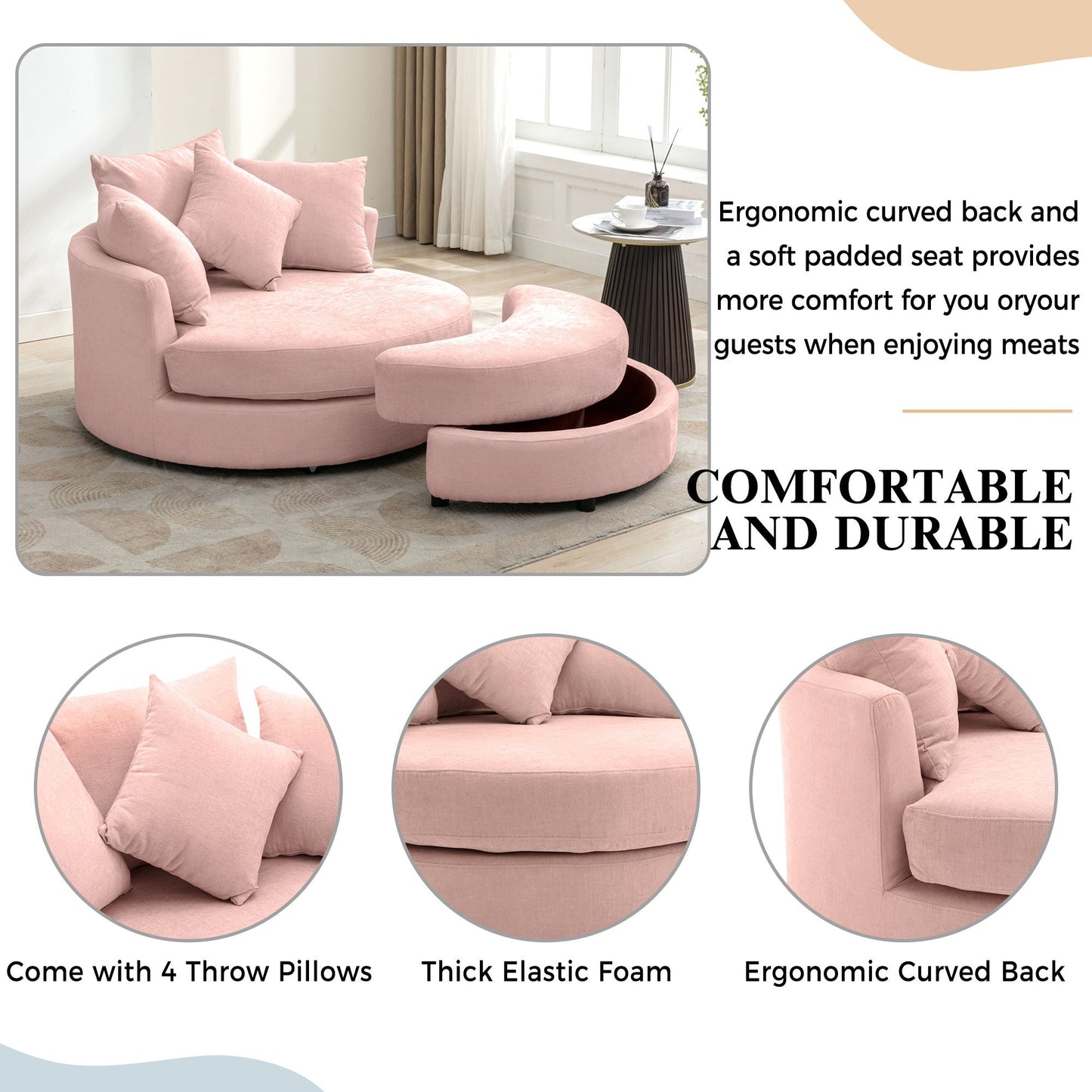 360° Swivel Accent Barrel Chair With Storage Ottoman & 4 Pillows,