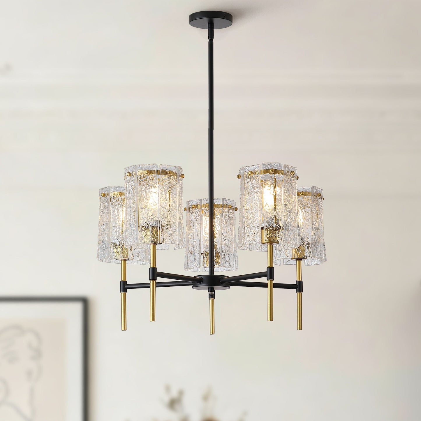 5 Light Chandelier, Textured Glass Pendant Light