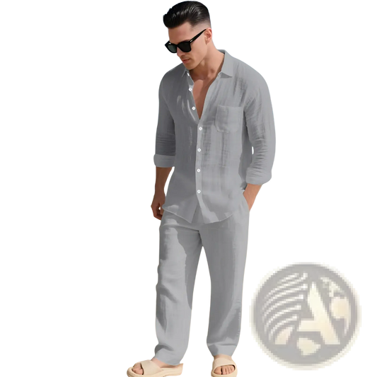 Men Linen Long Sleeve Shirt Pants Set