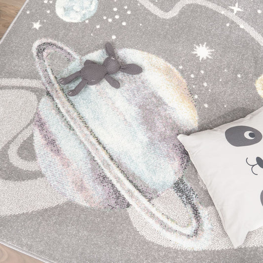 Kids Rug Nino Space with pastel colored Planets and Stars in Grey