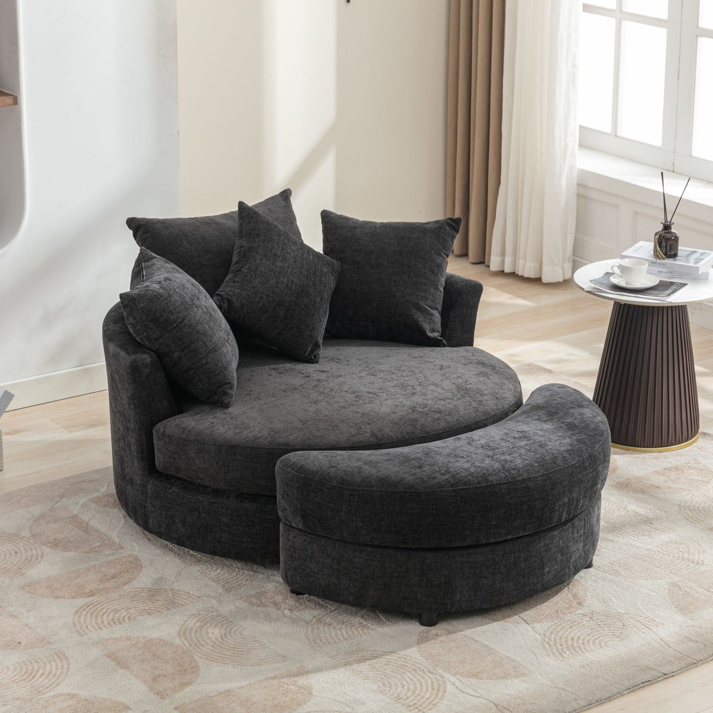 360° Swivel Accent Barrel Chair With Storage Ottoman & 4 Pillows,