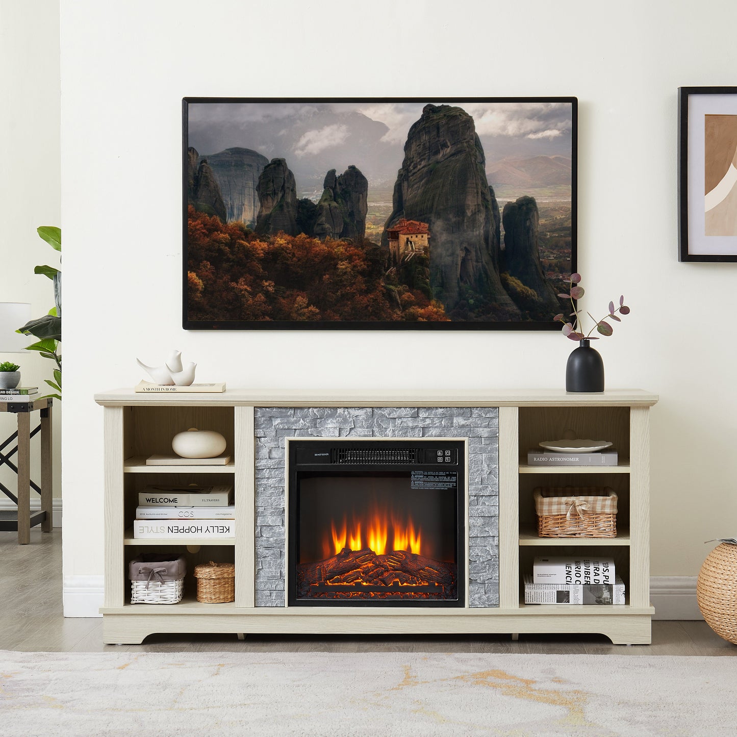 Mantel electric fireplace stone TV media stand
