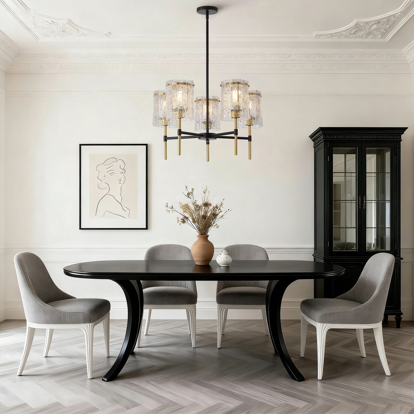 5 Light Chandelier, Textured Glass Pendant Light