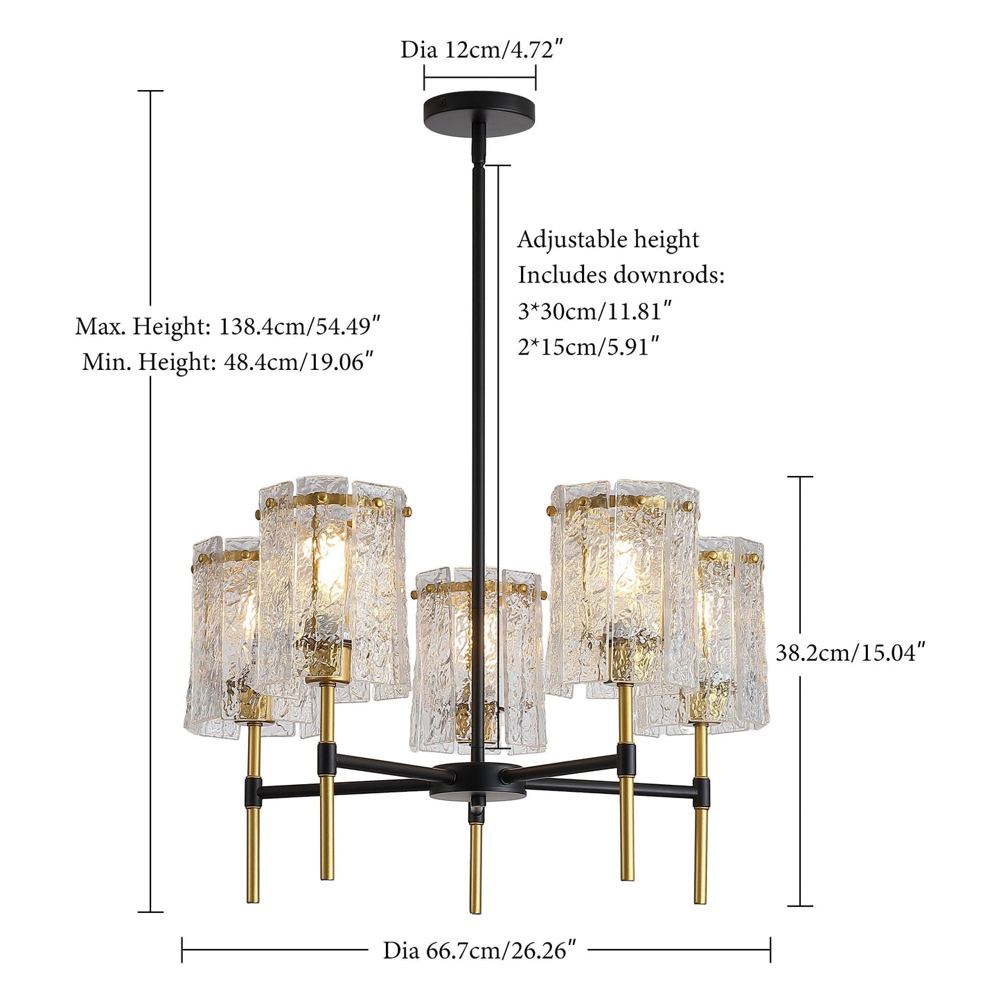 5 Light Chandelier, Textured Glass Pendant Light