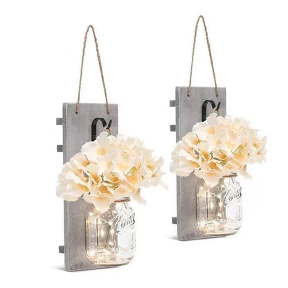 2 Pack Rustic  Jar Fairy Strip Lights Wall Decor Hydrangea Sconces