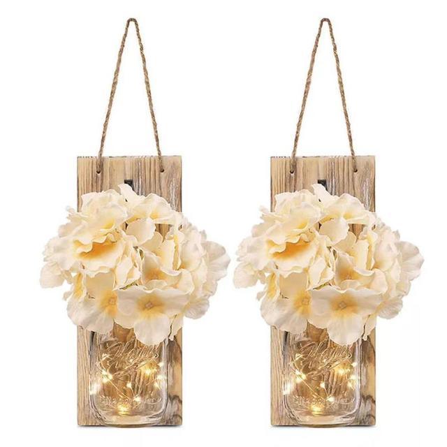 2 Pack Rustic  Jar Fairy Strip Lights Wall Decor Hydrangea Sconces