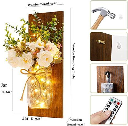 2 Pack Rustic  Jar Fairy Strip Lights Wall Decor Hydrangea Sconces