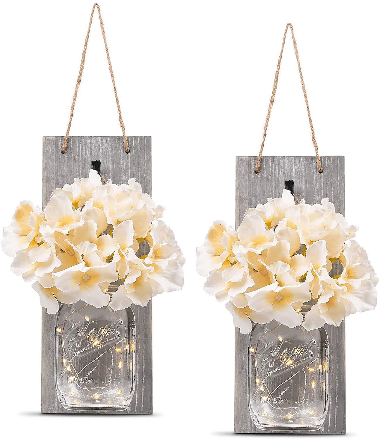 2 Pack Rustic  Jar Fairy Strip Lights Wall Decor Hydrangea Sconces